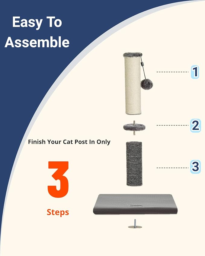 Happi N Pets Cat Scratching Post, Cat Scratcher for Indoor Cats, Sisal Scratching Post & Carpet Post in One, Stable Kitten Scratching Post with Replaceable Toy, Extra Free Toy, Light Gray