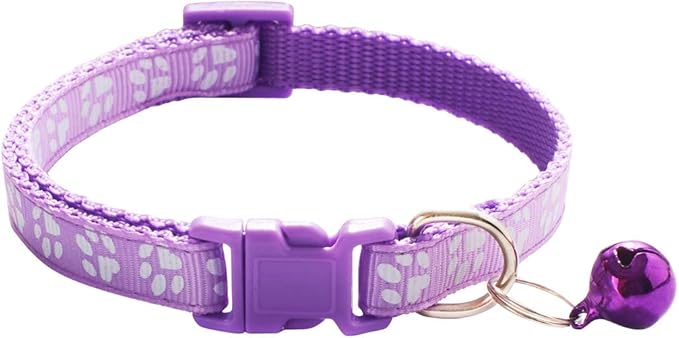 CHBORCHICEN 2-Pack Footprint & Reflective Cat Collar with Bell Basic Dog Cat Collar Buckle Adjustable Polyester Cat Dog Collar or Seatbelts (Small, Light Purple)