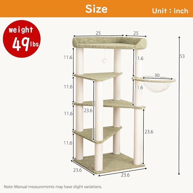 53” Tall Cat Tree for Large Cat, Modern Senior Friendly Cat Tower with Wide Shelves Low Step, Cotton Scratching Posts, Double-Sided Jute Wrapping, Cozy Perches (Light Green)