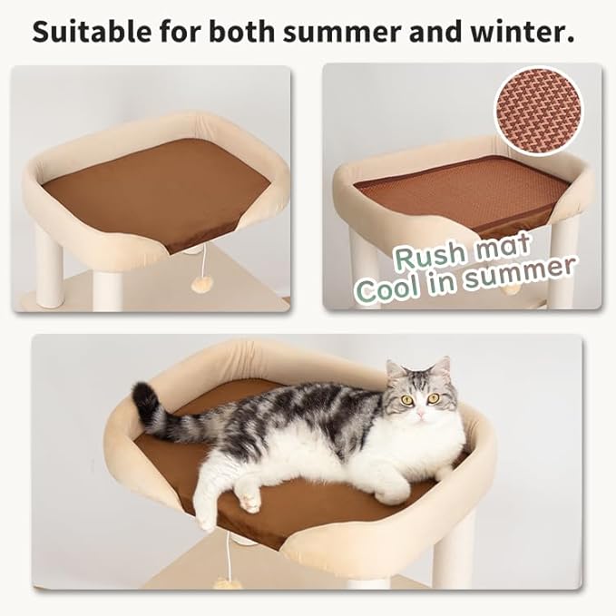 53'' Cat Tree for Large Cat, Modern Senior Friendly Cat Tower with Wide Shelves Low Step, Cotton Scratching Posts, Super Sturdy Base, Cozy Perches, and Interactive Toys (White)