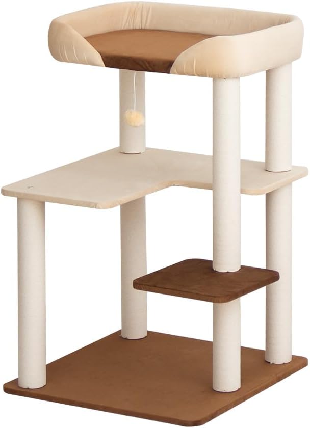Cat Tree for Large Cats, Modern Senior Friendly Cat Tower with Wide Shelves, Cotton Scratching Posts, Super Sturdy Base, Cozy Perches, and Interactive Toys for Indoor Kittens, 37.4'' Cream.
