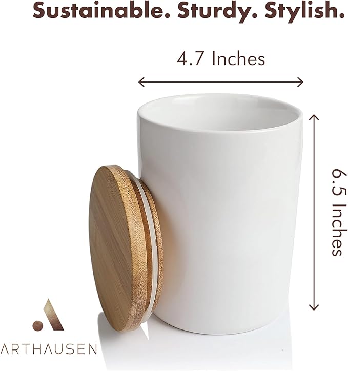 ARTHAUSEN Ceramic Storage Jar Canister - Airtight Bamboo Lid w/Silicone Seal - Modern Design for Kitchen Counter or Bathroom (White 1080mL)