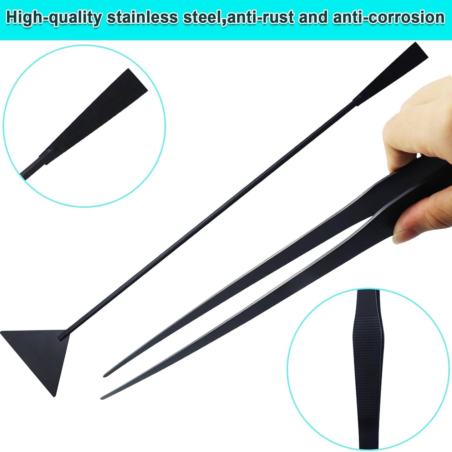 Aquarium Aquascape Tools Kit, Long 15 Inch Stainless Steel Aquatic Plants Tools, 4 in 1 Anti-Rust Black Aquascaping Tweezers Scissors Spatula Scrapers Tool Set for Fish Tank Cleaning Plant Trimming