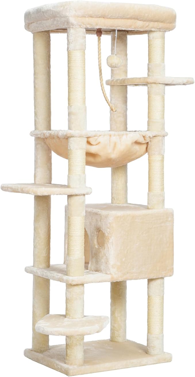 Heybly Cat Tree for Large Cats 20lbs Heavy Duty,60 inches XXL Cat Tower for Indoor Cats, Multi-Level Furniture Condo with Big Padded Plush Perch, Cozy Basket, Beige HCT050M