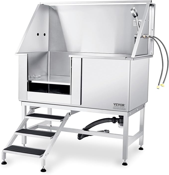 VEVOR 50" Pet Dog Bathing Station w/Stairs, Professional Stainless Steel Dog Grooming Tub w/Soap Box, Faucet,Rich Accessory, Dog Bathtub for Large,Medium,Small Pets, Washing Sink for Home Left