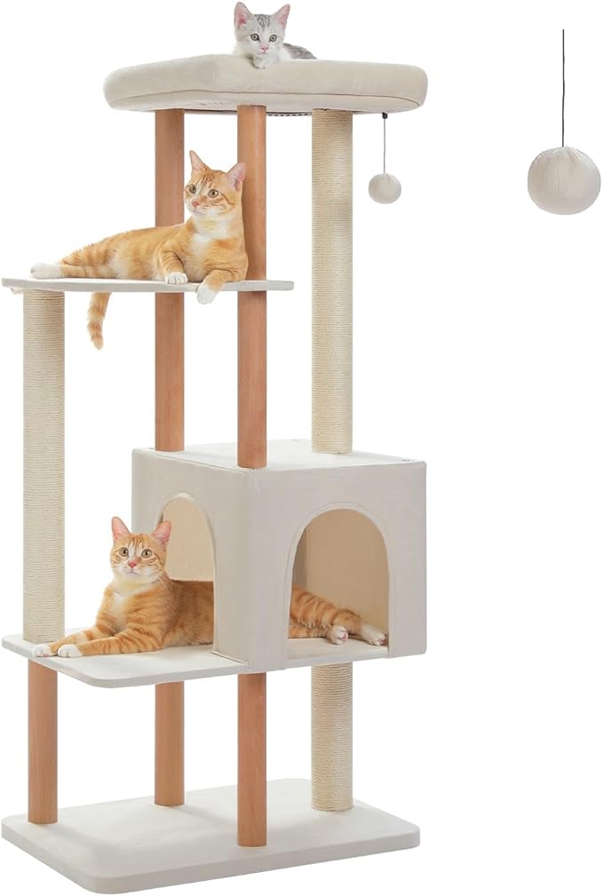 53" Modern Cat Tree for Large Cats, Wooden Cat Tower with Fully Sisal Covered Scratching Posts and Solid Wood Posts, Cat Furniture with Spacious Perch and Cozy Condo Beige