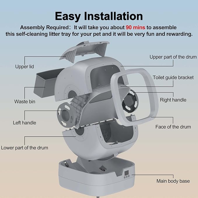 Automatic Cat Litter Box Self Cleaning - APP Control and Weight Monitoring - Ultra-Quiet, Suitable for Medium Cats and Kittens, Safe Anti-Pinch Litter Box (Assembly Required) - Light Grey