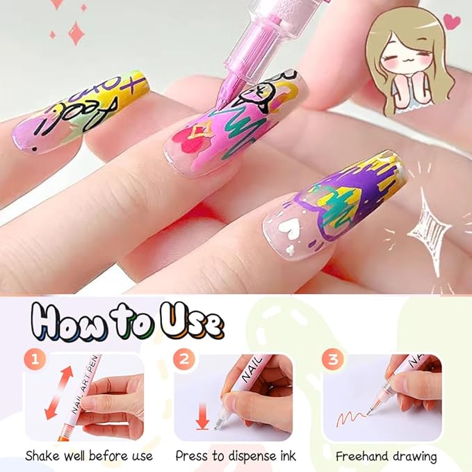 12 Colors Nail Art Pens Set, 2026 Upgraded Nail Art Markers for Kids, Quick Dry Long Lasting Nail Polish Pen, DIY 3D Drawing Dotting Painting Nails Liner Brush (1 Pcs)