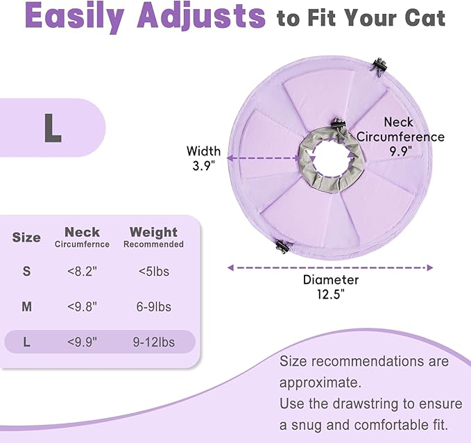 Cat Cone Collar Soft, Adjustable Elizabethan Collar for Cats to Stop Licking, Comfortable Lightweight Kitten Cone for Wound Healing and Surgery Recovery,Purple L