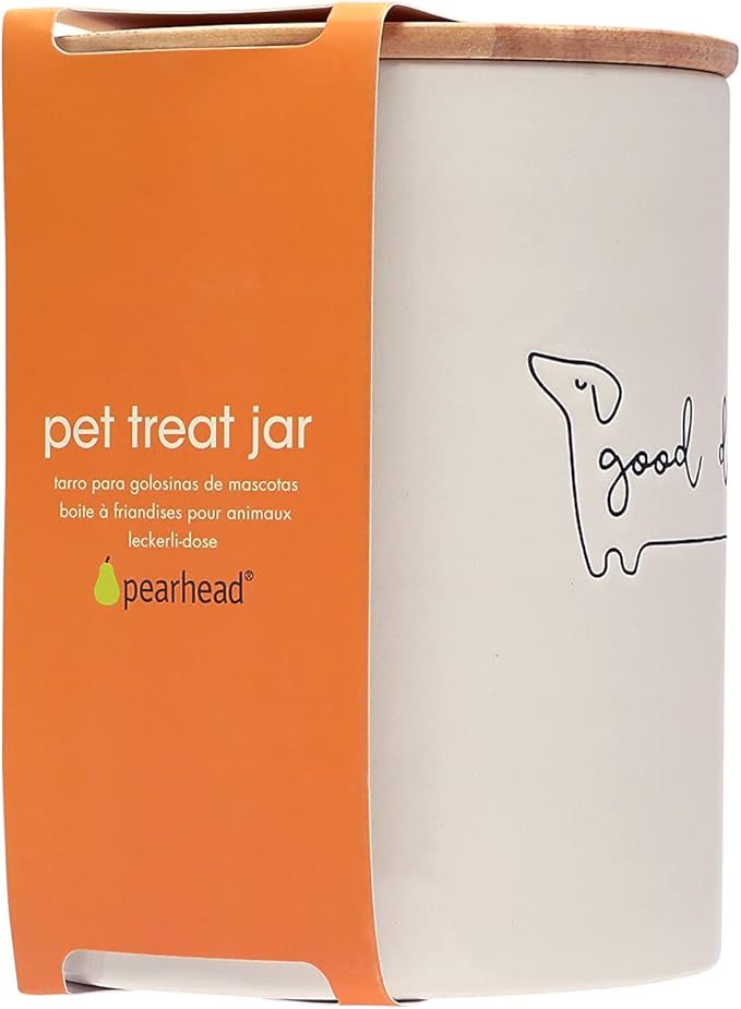 Pearhead Good Dog Ceramic Treat Jar with Airtight Wooden Lid – Modern Neutral Pet Treat Canister Keeps Snacks Fresh – Stylish Countertop Storage, 4 Cup / 32 oz
