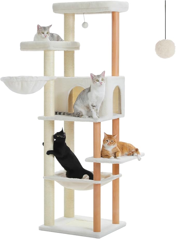 73" Tall Cat Tree for Large Cats, Wooden Cat Tower with Fully Sisal Covered Scratching Posts and Solid Wood Posts, Modern Cat Furniture with 2 Spacious Perch and Cozy Condo Beige