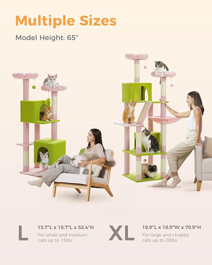 52.4" Flower Cat Tree, Cute Cat Tower for Indoor Cats with 2 Padded Flower Perches, 2 Cozy Condos & Sisal Scratching Posts, Pink