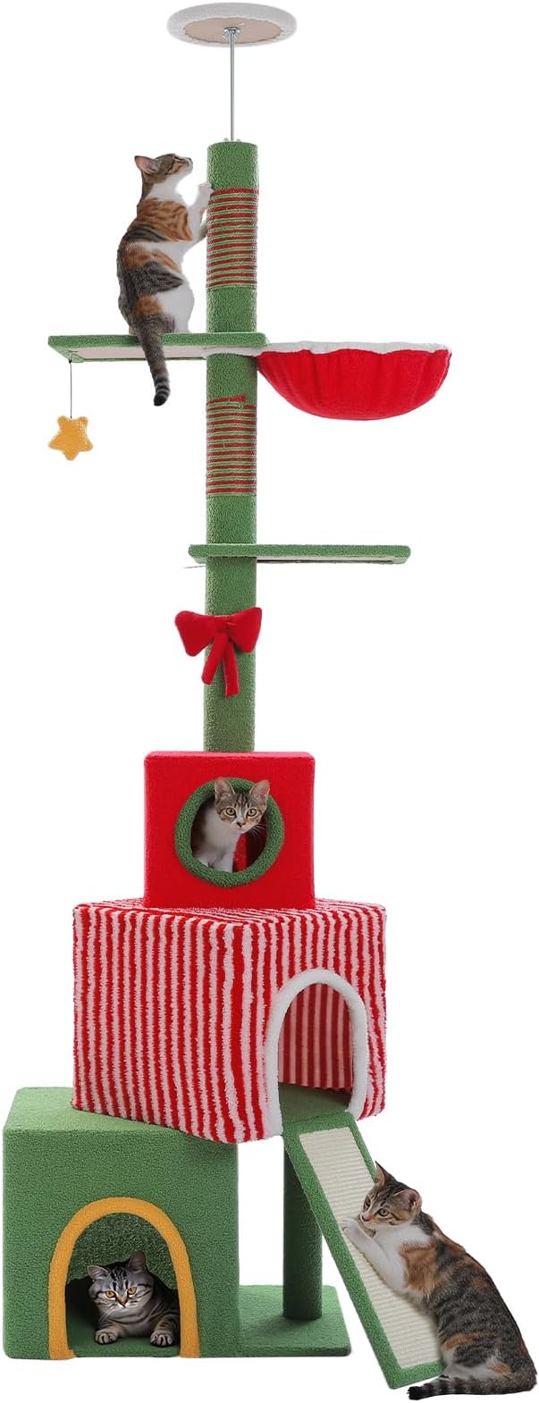 Christmas Cat Tree, Floor to Ceiling Tall Cat Tower (Adjustable Height 83"-108.7") with 3 Spacious Condos, Scratching Posts, Climbing Ladder, Hammock & Detachable Cat Toy for Indoor Cats