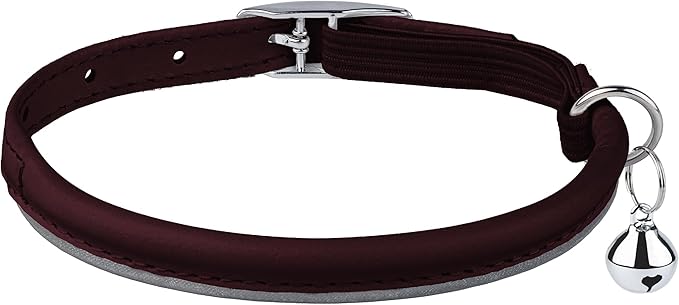 OOPSDOGGY Rolled Leather Cat Collar with Bell, Reflective Kitten Collars with Buckle Include Safety Elastic Strap - Adjustable Small Pet Collars for Boy Girl Cats (Burgundy)