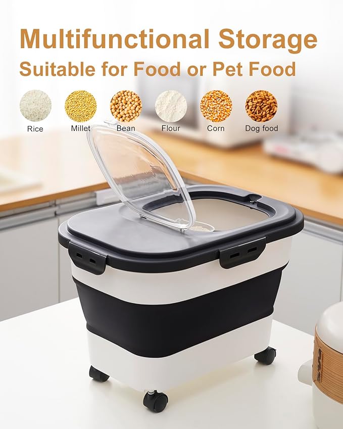 20-30 Lbs Rice Storage Container,Collapsible Food Storage Containers with Rolling Wheel Airtight Locking Lid,Flour Storage Container with Cup and Scoop,Suitable for Food,Rice,Pet Food,Flour