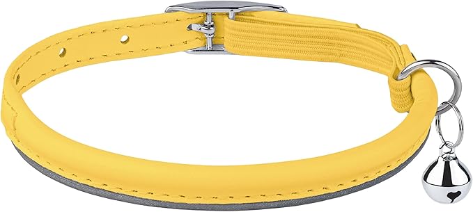 OOPSDOGGY Rolled Leather Cat Collar with Bell, Reflective Kitten Collars with Buckle Include Safety Elastic Strap - Adjustable Small Pet Collars for Boy Girl Cats (Yellow)