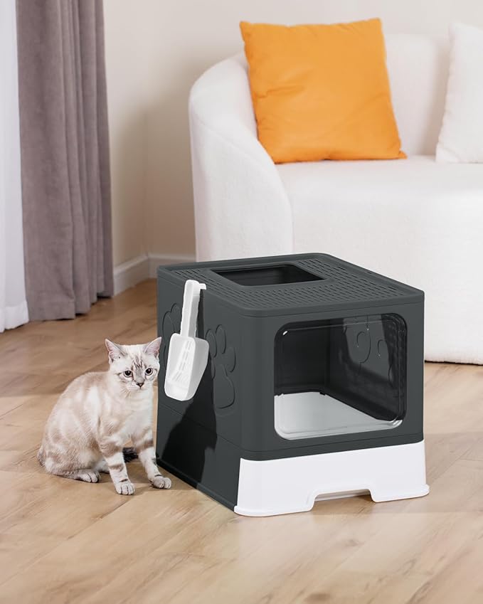 Enclosed Cat Litter Box, Large Litter Box for Big Cats, Covered Kitty Litter Boxes with Lid, Top Entry Cat Box Enclosure with Scoop, Odor Control, Easy to Clean (Black)