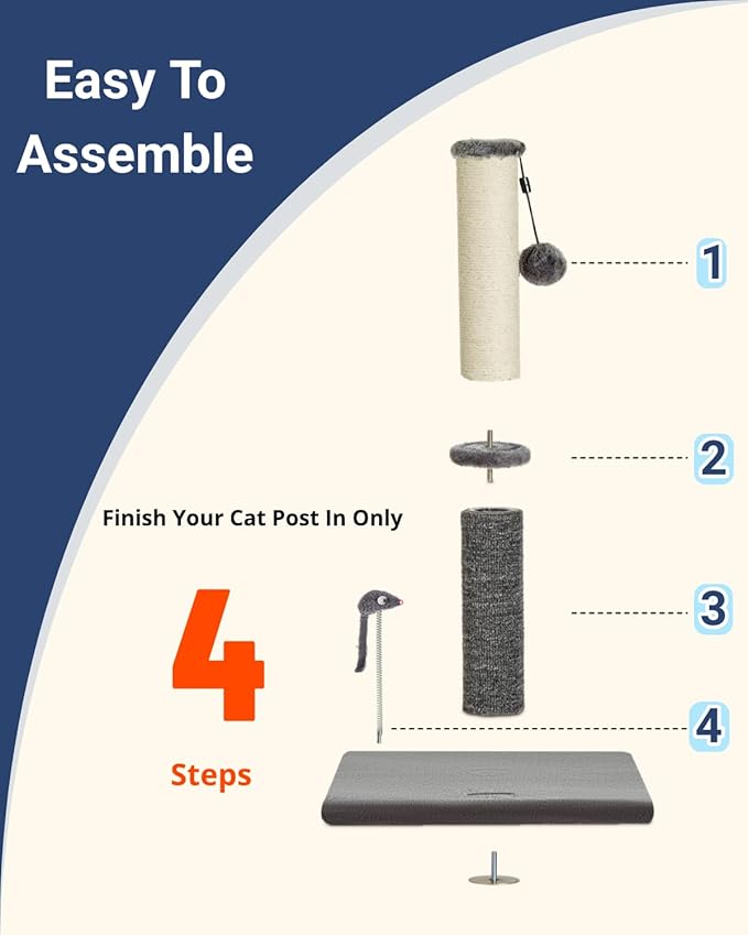 Happi N Pets 29.5" Tall Cat Scratching Post, Cat Scratchers for Indoor Cats, Sisal Scratch Post & Carpet Post in One, Stable Cat Scratch Post with Two Toys, Extra Free Toy, Light Gray