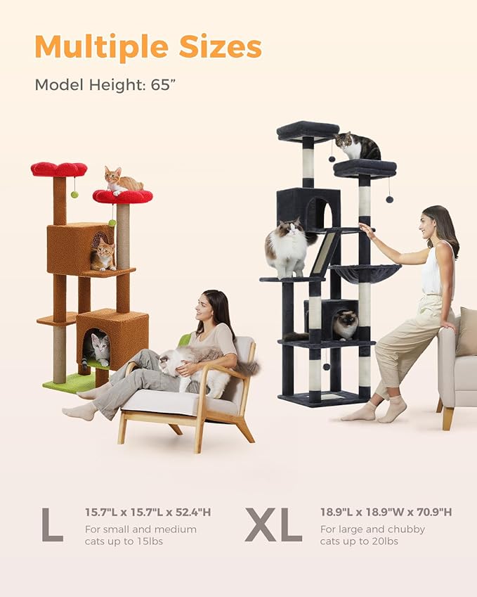 52.4" Cat Tree for Indoor Cats, Multi-Level Cat Tower with 2 Flower Perches, 2 Cozy Condos & Sisal Scratching Posts, Stylish Kitty Climbing Furniture Playhouse for Adult Cats, Brown/Red