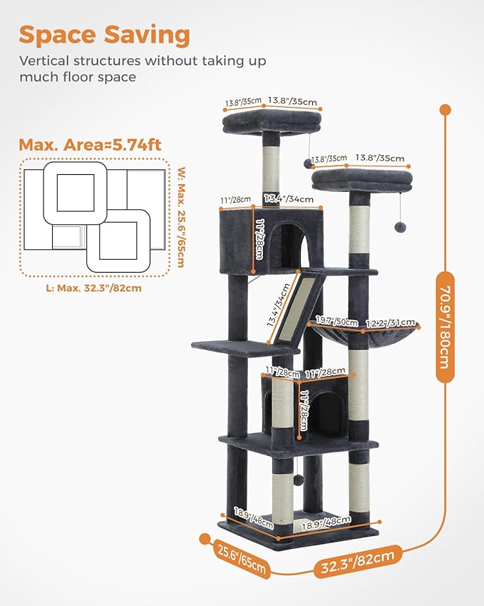 Cat Tree, 70.9-inch Large Cat Tower with 2 Condos, 2 Top Perches, Hammock & 6 Scratching Posts for Indoor Cats, Dark Gray