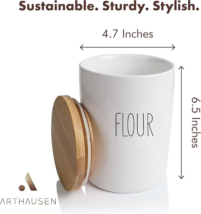 Arthausen Flour Ceramic Storage 4 Cup / 1080mL Container w/Bamboo Lid Silicone Seal & Spoon, Modern Abstract Art Design for Flour Coffee Spice Airtight Storage on Kitchen Counter Bathroom Organizer