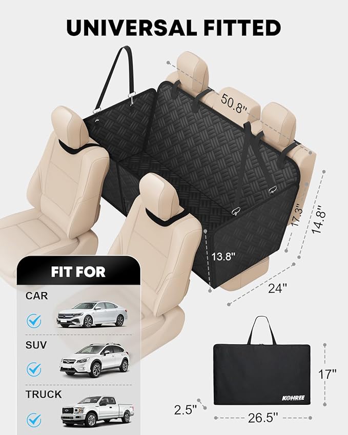 Kohree Dog Car Seat Cover for Back Seat Hard Bottom - Upgraded Reinforced PP Broads, Heavy Duty 900D Oxford Fabric, Nonslip Anti-Scratch Pet Car Seat Cover Dogs Extender Hammock for Car Truck SUV
