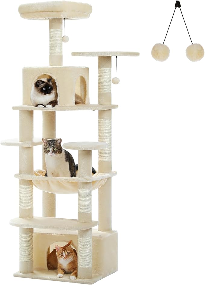 Cat Tree for Indoor Cats, 64.5" Tall Cat Tower with 2 Cozy Condos, Scratching Posts, Large Hammock and Dual Padded Perches, Multi-Level Activity Center for Large Cats, Beige