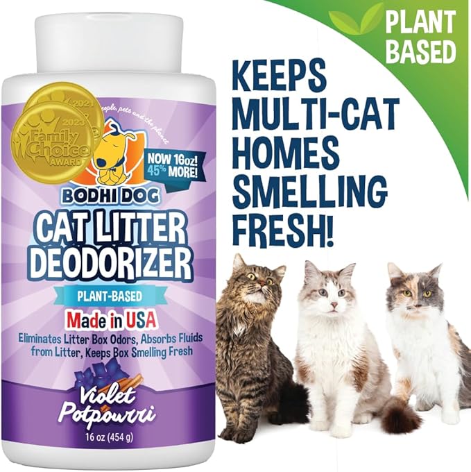 Bodhi Dog Cat Litter Odor Eliminator - Natural Gentle Deodorizer & Freshener for Strong Urine Smell - Long-Lasting Formula, Easy to Use, Reduces Litter Box Changes - Violet Potpourri Scent
