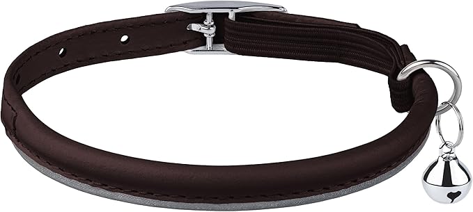 OOPSDOGGY Rolled Leather Cat Collar with Bell, Reflective Kitten Collars with Buckle Include Safety Elastic Strap - Adjustable Small Pet Collars for Boy Girl Cats (Dark Brown)