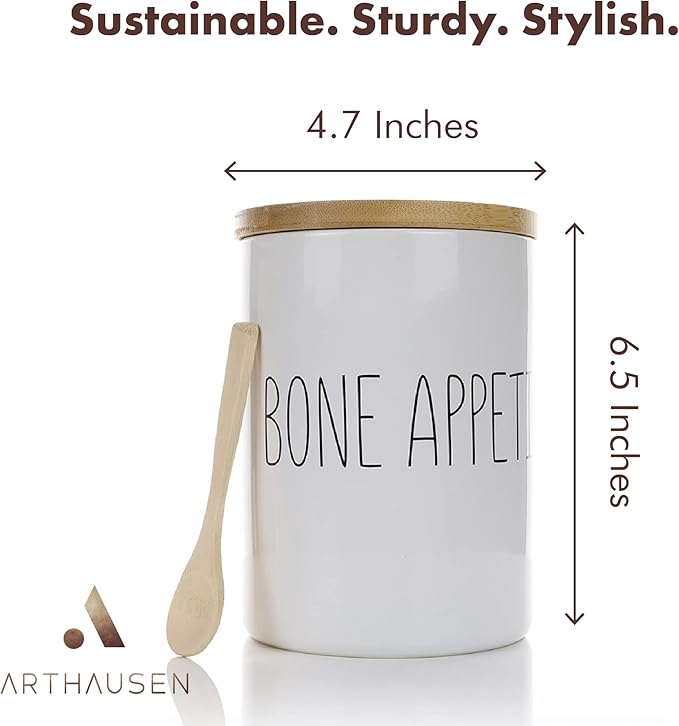Arthausen Bone Appetite Dog Treats Ceramic Storage Jar Canister - Airtight Bamboo Lid w/Silicone Seal, Spoon - Modern Abstract Art Design for Kitchen Counter or Bathroom - 4 cup / 1080mL