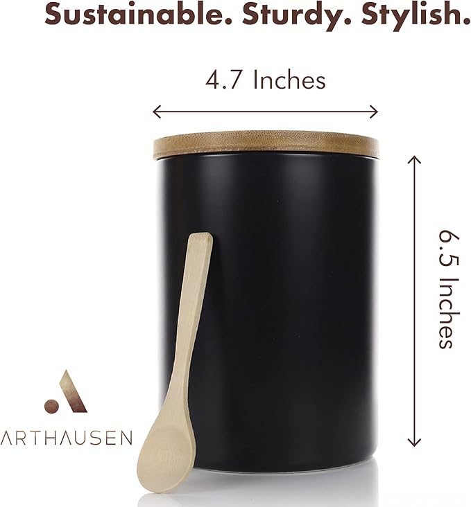 Arthausen Black Ceramic Storage Jar Canister for Flour Sugar - Airtight Bamboo Lid w/Silicone Seal, Spoon - Modern Abstract Art Design for Kitchen Counter Bathroom - 4 cup / 1080mL