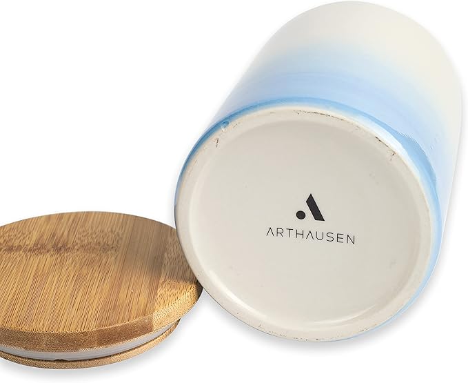 Arthausen Vintage Blue Ceramic Storage Jar Canister for Flour Sugar - Airtight Bamboo Lid w/Silicone Seal, Spoon - Modern Abstract Art Design for Kitchen Counter Bathroom - 4 cup / 1080mL