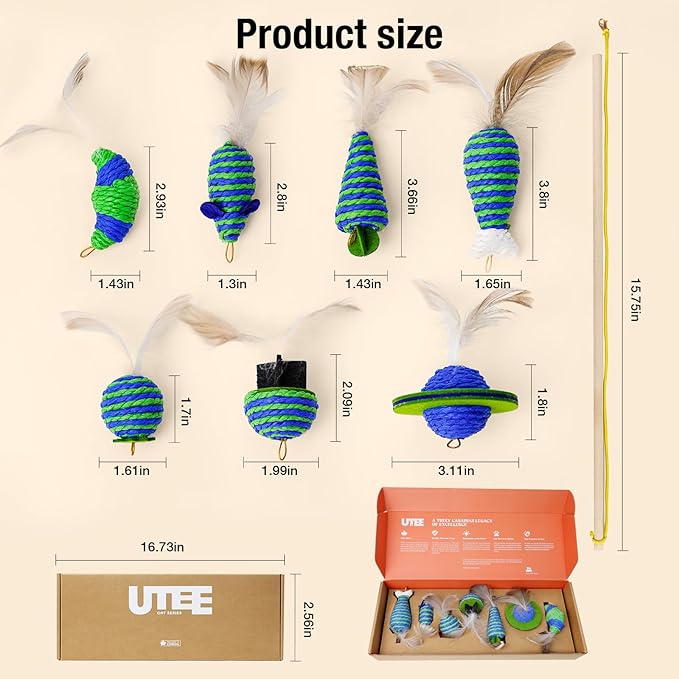 UTEE Pet Simulation Feather Toy Set Interactive Cat Toy with Mini Bell, Cat Teaser and Eco-Friendly Materials to Stimulate Play and Enhance Intimacy (Green and Blue)
