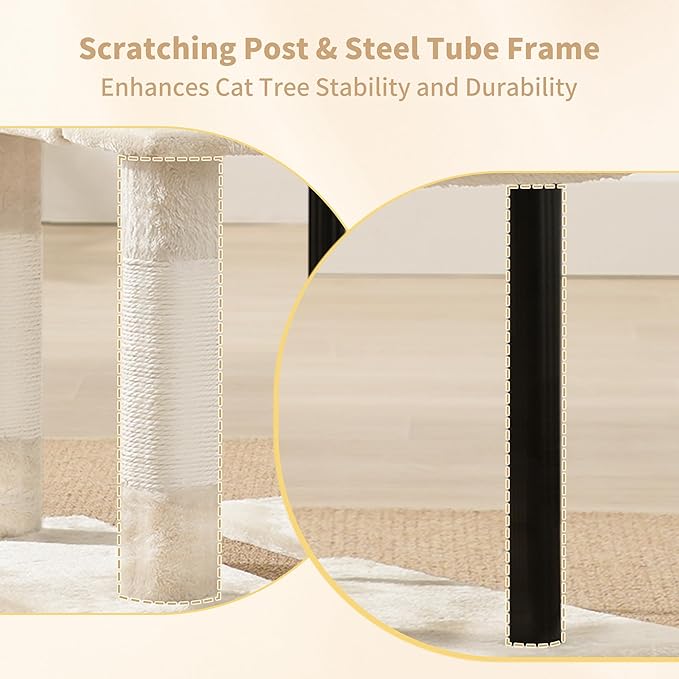 Heybly Cat Tree, 49.2 Inches Cat Tower for Indoor Cats, Spacious Cat House Condo with Hidden Space,Sturdy Steel Tube,Soft Plush Top Perch,Cozy Hammock and Sisal Scratching Posts, Beige HCT200SM