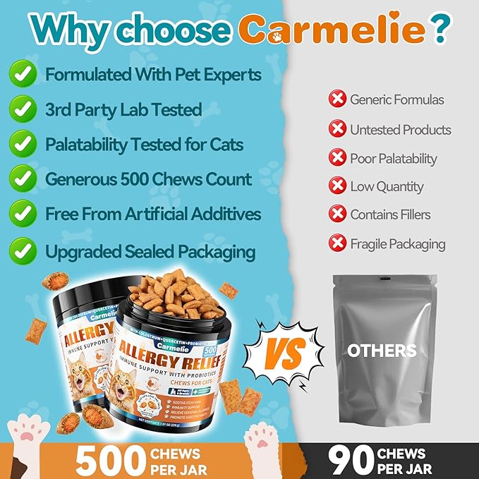 Cat Allergy Relief Treats, 500 Crunchy & Creamy Chews, Allergy Relief for Cats with Colostrum, Probiotics - Itchy Skin & Paw Licking, Immune Support, Seasonal Allergies - Chicken and Krill Flavor