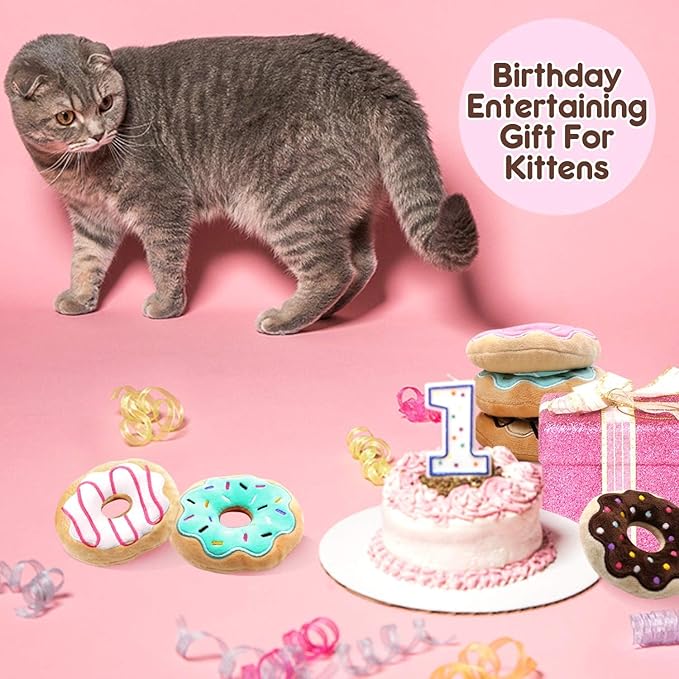 CiyvoLyeen 6 Pack Donut Cat Catnip Toys Kitten Chew Knickknack Sprinkles Interactive Pillows Teeth Grinding Catmint Plush Plaything Kitty Birthday Ideas Supplies 4 Inches