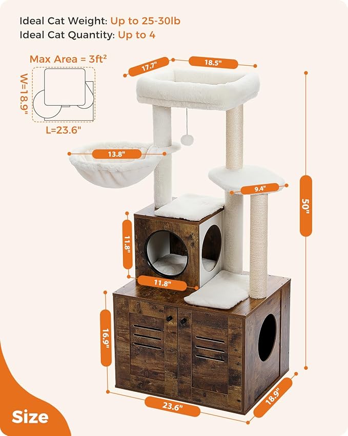 Cat Tree with Litter Box Enclosure, 50-inch All-in-One Modern Cat Furniture for Large Cats, Features Condo, Hammock & Top Perch, Rustic Brown