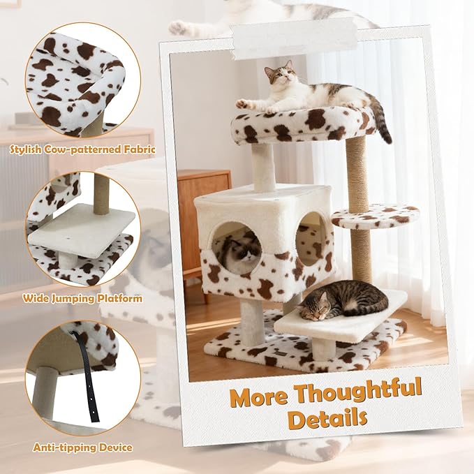 PETSITE 30 Inches Small Cat Tree, Unique Cow Print Modern Cat Tree with Jute Scratching Posts, Comfy 2-Door Condo, Soft Upholstered Top Perch, Multiple Jumping Platforms, Ideal for Indoor Cats