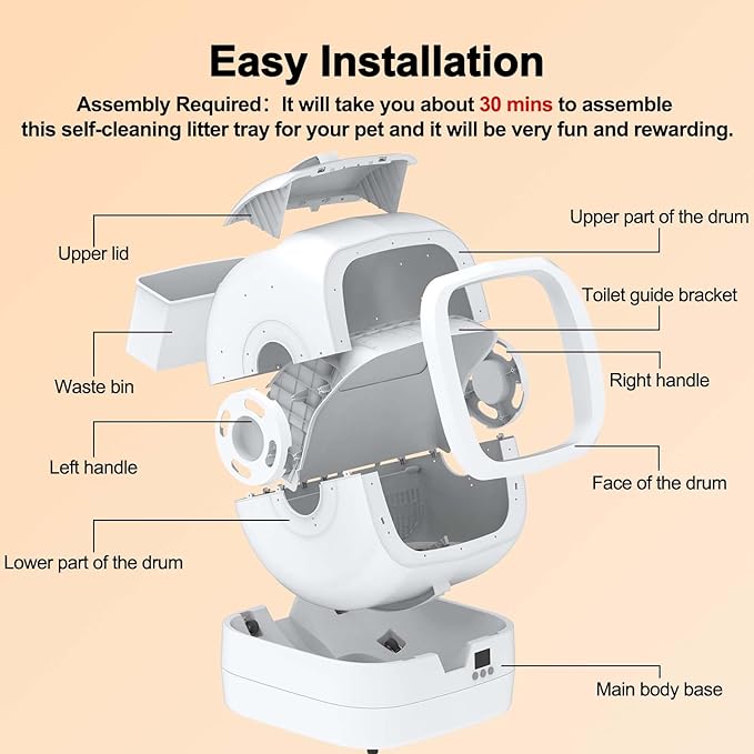 Automatic Cat Litter Box Self Cleaning - APP Control and Weight Monitoring - Ultra-Quiet, Suitable for Medium Cats and Kittens, Safe Anti-Pinch Litter Box (Assembly Required) - White