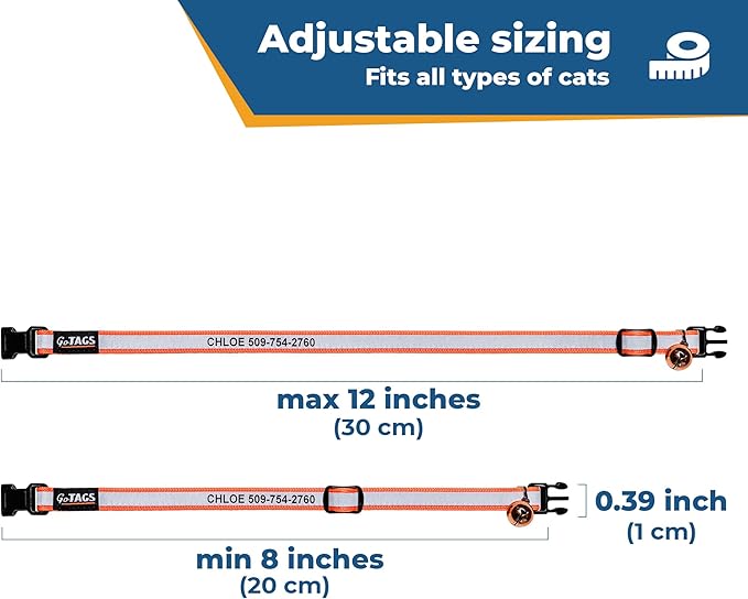 GoTags Personalized Reflective Cat Collars, Engraved Custom Cat Collar with Name and Phone Identification, Breakaway Collar with Safety Release Buckle and Bell, Adjustable for Cats and Kitten, (Black)