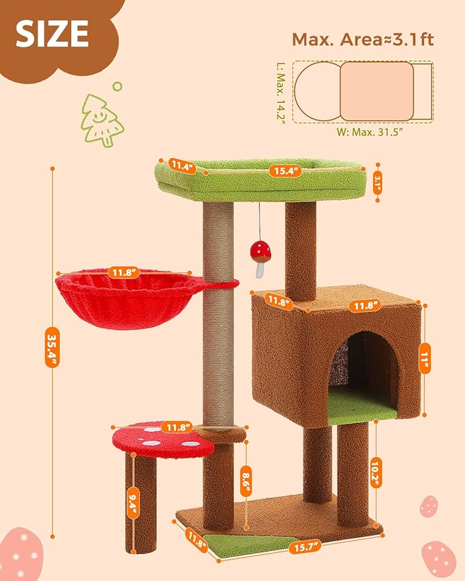 Mushroom Cat Tree with Sisal Scratching Posts, 35.4" Cute Cat Tower Cat Condo w/Large Green Top Perch, Soft Red Hammock, and Mushroom Dangling Ball, for Small-Medium Cats, Brown