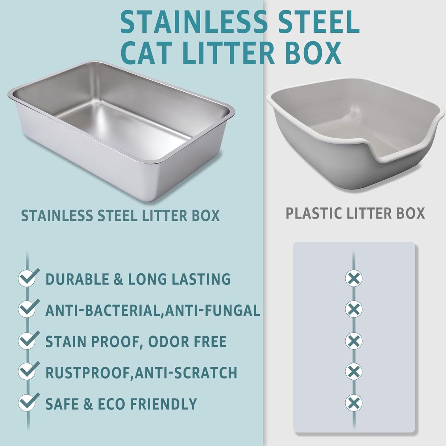 Stainless Steel Litter Box -6in High Sided,XL Metal Cat Litter Box for Big Cats Easy to Clean, Cat LitterBox Metal Pet Toilet for Adult Big Cats,Non Stick, No Smell,23.6"x15.8"x6"