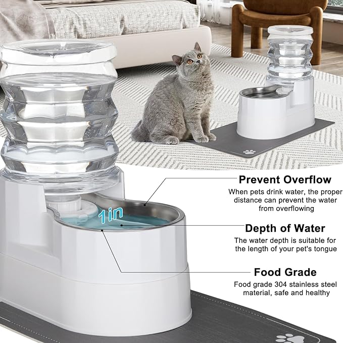 RIZZARI Automatic Pet Water Dispenser: 5L White Cats and Dogs Gravity Feeder - Stainless Steel Bowl - Outdoor Hiking Use.
