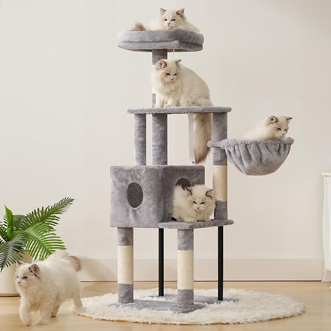 Heybly Cat Tree, 49.2 Inches Cat Tower for Indoor Cats, Spacious Cat House Condo with Hidden Space,Sturdy Steel Tube,Soft Plush Top Perch,Cozy Hammock and Sisal Scratching Posts, Light Gray HCT200SW