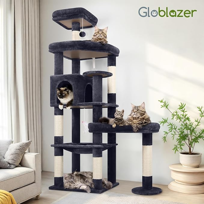 Globlazer Extra Large Platform Cat Tree, 65in Sturdy Cat Scratching Tree for Indoor Cats Large Adult, Big Cat Perch Tower with 3 Padded Perches, 6 Scratching Posts, Cat Condo, Hammock, S65, Dark Grey
