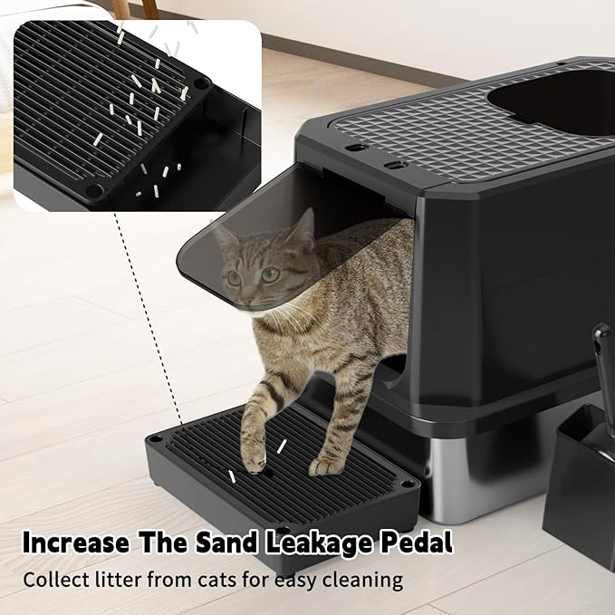RIZZARI Enclosed Cat Litter Box: All Black Stainless Steel Odorless Cat Box - Top-Entry Design - Large Capacity Leak Proof Litter Pan for Cats - Easy Clean Pet Toilet - for Living Room Bedroom