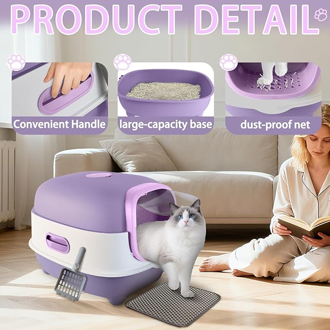 Large Cat Litter Box with Cat Litter Scoop, Foldable Litter Box with Lid, Front Entry and Exit Leak-Proof Litter Cat Box, Odor Control, Easy to Clean (Purple)