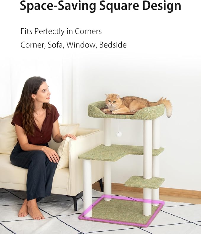 Cat Tree for Large Cat, Modern Senior Friendly Cat Tower with Wide Shelves Low Step, Cotton Scratching Posts, Super Sturdy Base, Cozy Perches, Interactive Toys (Linen Fabric Green 37.4-Inch)