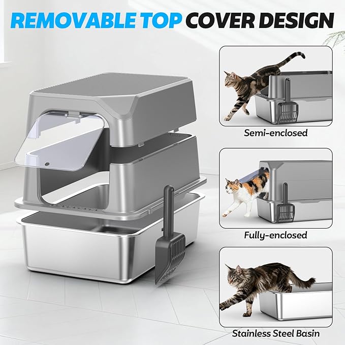 Enclosed Stainless Steel Cat Litter Box with Lid, XL Extra Large Litter Box for Big Cats, Metal Litter Pan High Sided, Never Absorbs Odors, Anti-Urine Leakage, Include Scoop (Light Grey)