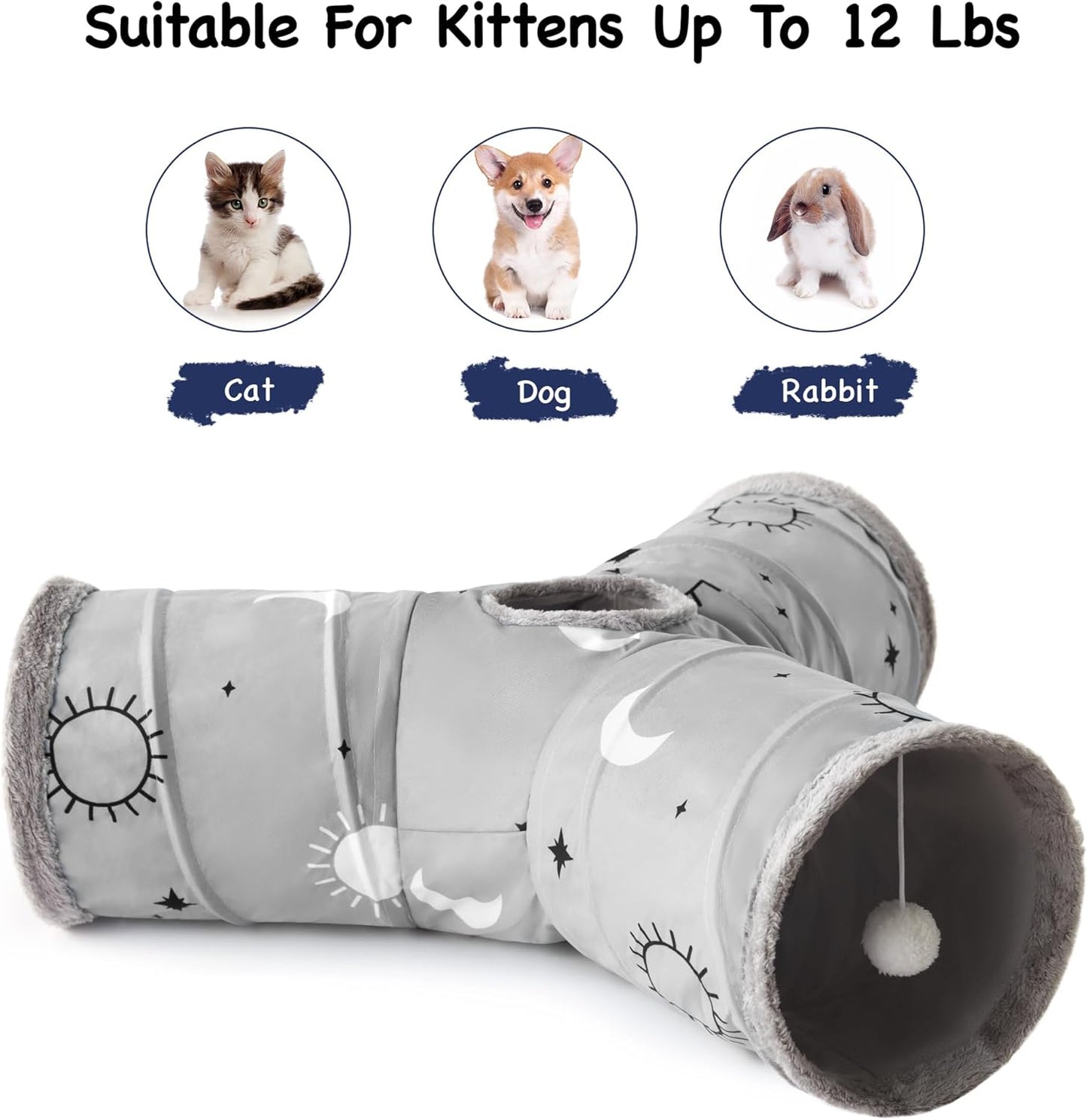 Tempcore Pet Cat Tunnel Tube Cat Toys 3 Way Collapsible, Cat Tunnels for Indoor Cats Fleece-Lined in for Warmth,Kitty Tunnel Bored Pet Toys Peek Hole Toy Ball Puppy, Kitten, Rabbit Gray Sun